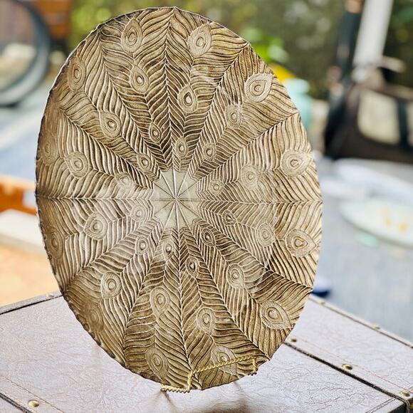 14” Embossed Mandala Platter – Boho Peacock Feather - Picture 3 of 5